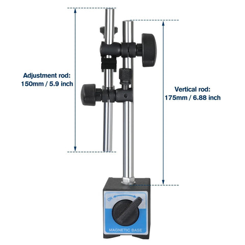 Front view of a 0-1 inch dial indicator with magnetic base and adjustable long arm.