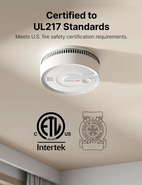Wireless Interconnected Smoke Detectors 10 Year Battery 6 Pack mounted on ceiling with fire safety certification logos.