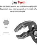 Close-up of jaw teeth on Five Inch Angle Nose Push Button Adjustable Pliers With Quick Adjust Button And Secure Tongue And Groove Track