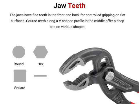 Detailed view of jaw teeth on angle nose pliers from Two Piece Pliers Set Featuring 10 Inch Angle Nose Push Button Adjustable Pliers Wrench