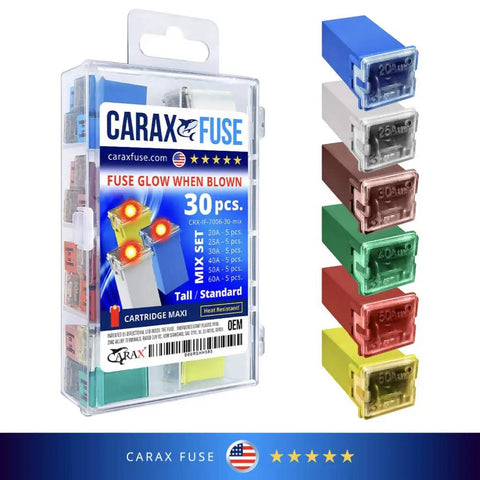 Glow When Blown LED Auto Fuse Kit with 30 premium fuse cartridges in assorted colors, tall standard fuses, heat resistant.