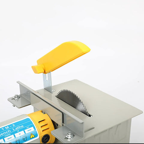 Close-up of a Pro Grade Jewelry Polisher Buffer Bench Lathe Set With Jade Grinder And Flexible Shaft Mini Table Saw, blade detail.