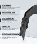 Six Pack Folding Utility Knife Set With Quick Change Box Cutter Belt Clip Replacement Blades Portable DIY Construction Tool For Outdoor And Warehouse Use Black, steel handle