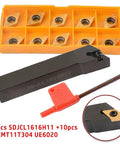 Top Tier Alloy Steel SDJCL1616H11 Lathe Turning Tool Holder with DCMT11T304 Inserts and wrench for metal working.
