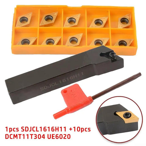 Top Tier Alloy Steel SDJCL1616H11 Lathe Turning Tool Holder with DCMT11T304 Inserts and wrench for metal working.