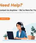Customer support representative with headphones smiling while working on a laptop, offering help and assistance.