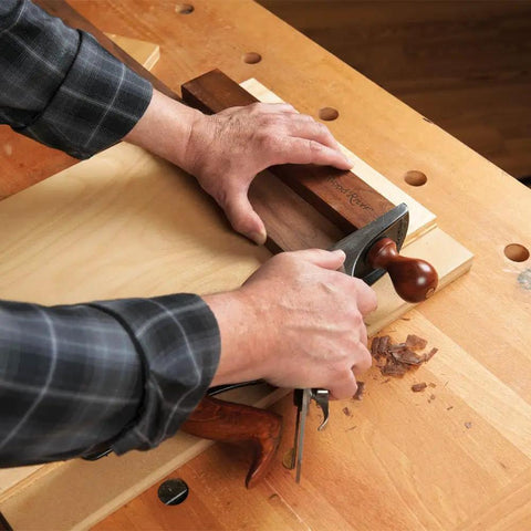 Pro Grade Shooting Board Jig For Hand Planes in use, 20 by 14 inch frame gripping wood for precise manual cuts.