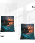 Polynesian Outrigger Canoe Prints Tote Bag For Women Large Capacity Canvas Beach Shopper Reusable Market Bag For Travel Everyday Go To Tote Lightweight Waterproof Sandproof with sunset canoe design, front and back view.