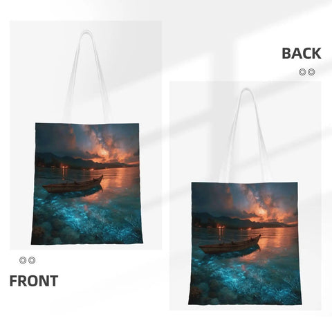 Polynesian Outrigger Canoe Prints Tote Bag For Women Large Capacity Canvas Beach Shopper Reusable Market Bag For Travel Everyday Go To Tote Lightweight Waterproof Sandproof with sunset canoe design, front and back view.