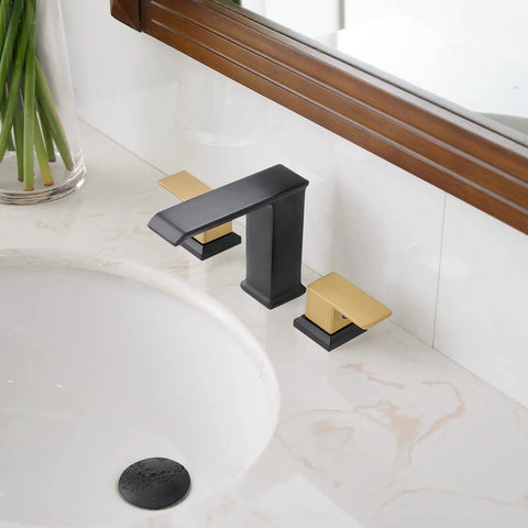Waterfall Bathroom Faucet With Black And Brushed Gold Finish 8 Inch 3 Hole Vanity Sink Mixer Tap Dual Handles Pop Up Drain