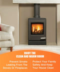 Wood-burning stove in a beige fireplace surround, black metal finish, with a white sofa nearby and an orange promotional banner.