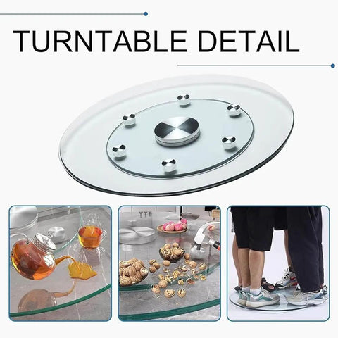 Round Tempered Glass Lazy Susan Turntable Smooth Operator Spin No More Elbow Banging with aluminum shaft detail.