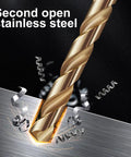 Close-up of titanium-coated drill bit cutting stainless steel, part of All Purpose 13 Piece Drill Bit Set With 135 Degree Titanium Coated High Speed Steel Bits In A Hard Storage Case For Wood Metal Plastic Aluminum Copper Fiberglass And More Ideal For Electric Drills.