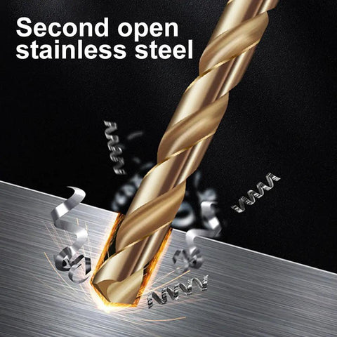 Close-up of titanium-coated drill bit cutting stainless steel, part of All Purpose 13 Piece Drill Bit Set With 135 Degree Titanium Coated High Speed Steel Bits In A Hard Storage Case For Wood Metal Plastic Aluminum Copper Fiberglass And More Ideal For Electric Drills.