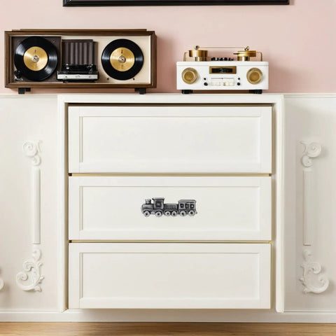 White dresser with Black Brushed Zinc Alloy Train Cabinet Knobs for Bedroom Furniture Set of 2 Durable and Rad Drawer Pulls