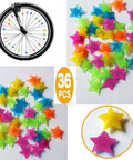 Colorful Star Shaped Spoke Beads For Kids Bikes Clip On Plastic Spoke Beads Set, 36 Pieces, shown on bike wheel and in bright colors.