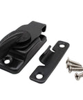 Eight Piece Table Leaf Locks Black Zinc Alloy Extension Connectors Keep Dining Tables Flush Tight Fit No Sweat Assembly showing black lock and screws.