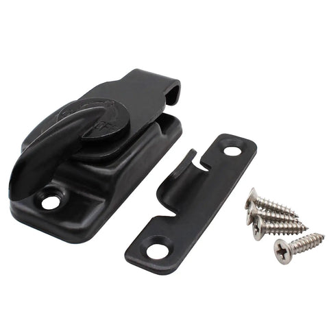Eight Piece Table Leaf Locks Black Zinc Alloy Extension Connectors Keep Dining Tables Flush Tight Fit No Sweat Assembly showing black lock and screws.