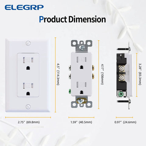 Decorator Wall Outlet With Tamper Resistant Safety, 15 Amp 125V Receptacle, dimensions and components