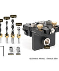 3 In 1 Woodworking Drill Locator And Self Centering Doweling Jig For Cabinet And Furniture Assembly With 6Mm 8Mm 10Mm Drill Adapters shown with various drill bit sizes and adjustable components.