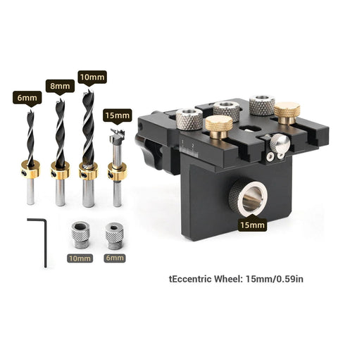 3 In 1 Woodworking Drill Locator And Self Centering Doweling Jig For Cabinet And Furniture Assembly With 6Mm 8Mm 10Mm Drill Adapters shown with various drill bit sizes and adjustable components.
