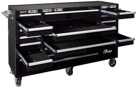 72 Inch 21 Drawer Rolling Cabinet with Rugged Pro Grade Heavy Duty Tubular Locking System, aluminum drawer pulls, open drawers