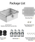 IP67 Waterproof Electrical Junction Box With Hinged Clear Cover And Stainless Steel Latch shown with mounting plate and accessories.