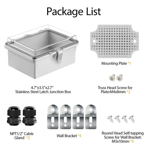 IP67 Waterproof Electrical Junction Box With Hinged Clear Cover And Stainless Steel Latch shown with mounting plate and accessories.