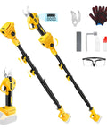 Cordless Electric Pruning Shears For DeWalt 20V Max Systems, showcasing tools, battery, gloves, and safety glasses for yard work.