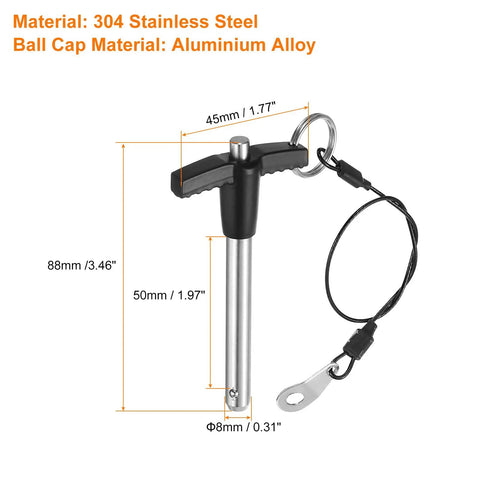 Beefy T Handle Lock Pins Set 8mm By 50mm Stainless Steel Quick Release Push Button Pins 2 Pack With Total Length 88mm Perfect For Machinery Auto DIY Projects showing 304 stainless steel and 88mm dimensions