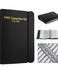 0402 Capacitor Kit With 4000-Piece Grab-And-Go Assortment Booklet, black folder, wide 0.1pF to 1uF coverage, open sample view.
