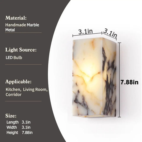 Marble Wall Sconce with Frosted Glass Globe and G4 LED (Rectangular) measuring 3.1in x 3.1in x 7.88in, handmade marble design.