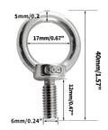 Solid M6 Shoulder Lifting Eye Bolts Six Pack Hella Strong 304 Stainless Steel Marine Hardware Heavy Duty Rust Proof Screw Hook dimensions marked