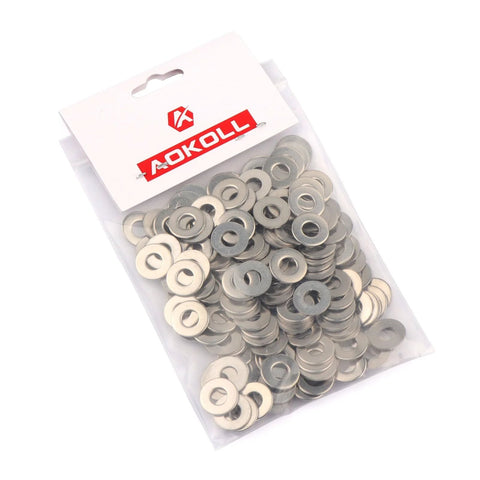 Front view of AOKOLL stainless steel flat washers #10 x 1/2 in, 200 pcs in clear bag