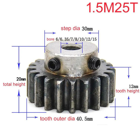 1.5 Mod Spur Gear With 25 Teeth Step Bore 20mm Hardened 45 Steel Motor Gear With Set Screws For DIY Gearhead Toy Builds And Heavy Duty Gearbox Projects