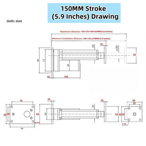 Technical drawing of Heavy Duty 12V Electric Linear Actuator With 150mm Stroke 330 Lb Load And 10mm Per Second Lift Speed