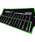 12 Piece Heavy Duty Punch And Chisel Set With Roll Up Pouch showing hex shaft punches and chisels in black fabric holder.
