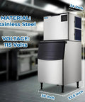Heavy Duty Commercial Ice Maker Cranks Out Five Hundred Pounds Of Full Cubes Daily With A Rock Solid Stainless Build, dimensions displayed.