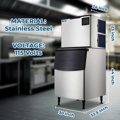 Heavy Duty Commercial Ice Maker Cranks Out Five Hundred Pounds Of Full Cubes Daily With A Rock Solid Stainless Build, dimensions displayed.