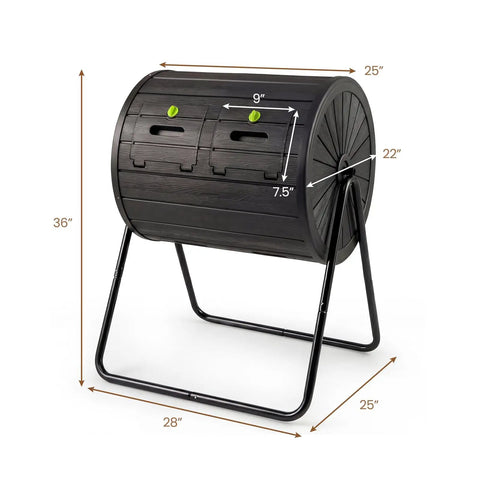 Dual Chamber Compost Tumbler 37.5 Gallon Outdoor Bin BPA Free Rotating Composter With Two Lockable Doors in black.