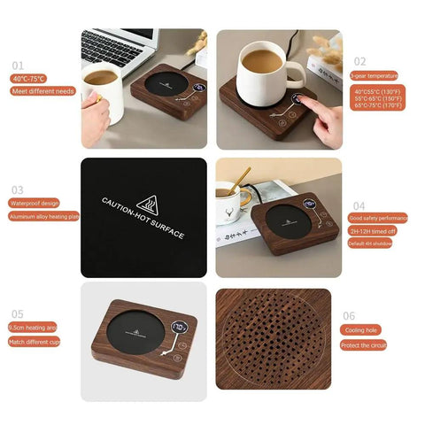Electric Coffee Mug Warmer With Three Heat Settings And Four Hour Auto Shutoff Keeps Your Favorite Brew Piping Hot For Lazy Desk Setup Or Cozy Kitchen Counters No More Cold Sip Vibes On The Daily - brown wooden design with touch controls and coffee mug