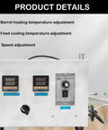 Game Changing Vertical Single Screw Extruder One Inch Diameter control panel showing temperature and speed adjustments for 3D filament production.