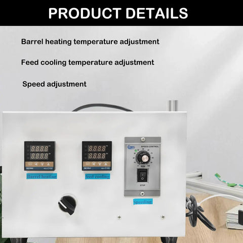 Game Changing Vertical Single Screw Extruder One Inch Diameter control panel showing temperature and speed adjustments for 3D filament production.