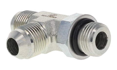 Front view: Titan Fittings Run Tee, 1/4 in. JIC x 1/4 in. ORB x 1/4 in. JIC, 7/16-20 threads, metal