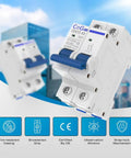 2 Pole 63 Amp 1000V DC Solar Circuit Breaker Disconnect Switch With Thermal Magnetic Trip Rugged DIN Rail Mount For PV Systems Flame Retardant Shell High Quality Electrical Breaker close-up with blue handle