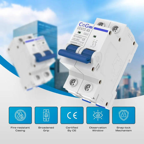 2 Pole 63 Amp 1000V DC Solar Circuit Breaker Disconnect Switch With Thermal Magnetic Trip Rugged DIN Rail Mount For PV Systems Flame Retardant Shell High Quality Electrical Breaker close-up with blue handle