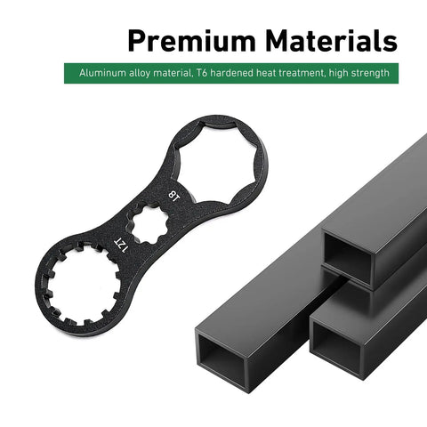 Two Piece Aluminum Front Fork Wrench Set For Bikes, Precision Fit Fork Cap Spanners, mounted on black aluminum frame