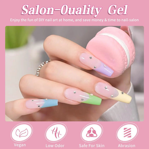 Nine Piece 15ml Gel Nail Polish Set With Macaron Colors Including Light Red Pink Nude And Pastel Shades For Spring, UV LED Soak Off, Home DIY Gel Kit, Non Toxic Formula, Long Lasting Shine And Easy Application; pastel nails holding macaron