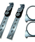 Swivel Style Exhaust Hanger Kit Four Piece Set with Three Inch Exhaust Clamp, two hangers, and two clamps on white background.