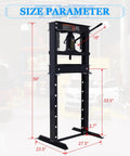 Heavy Duty 20 Ton Hydraulic Shop Press With Adjustable H Frame And Steel Press Plates Floor Mounted dimensions displayed.